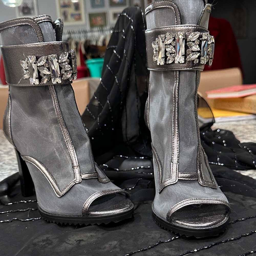 Karl Lagerfeld Metallic Gray Heeled Boots with Crystal Accents